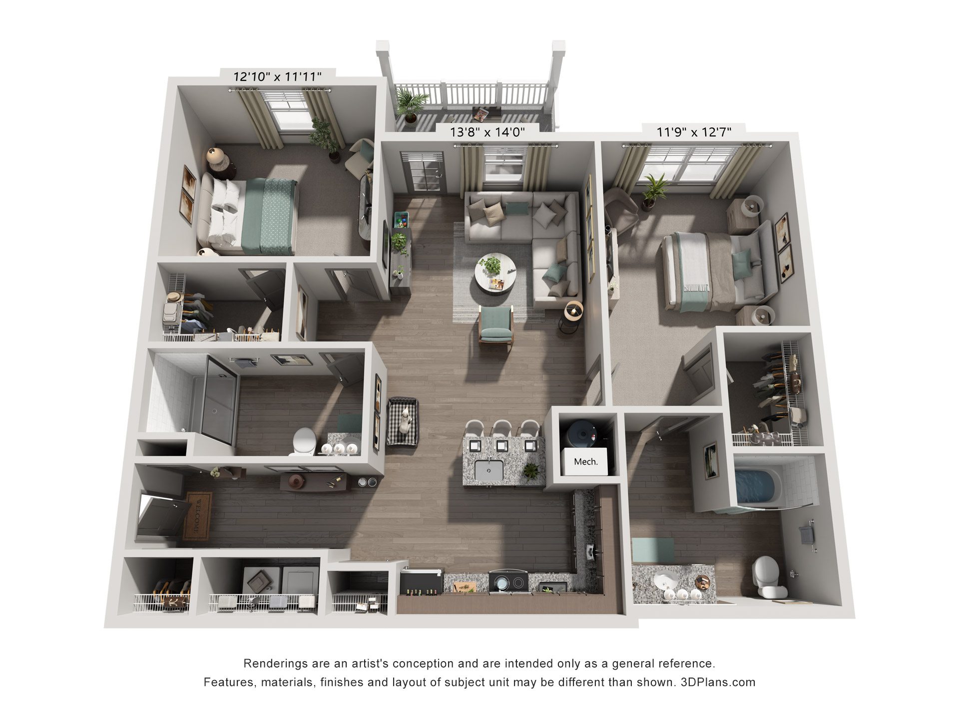 Floor plan for 2 beds, 2 baths, 1248 sqft